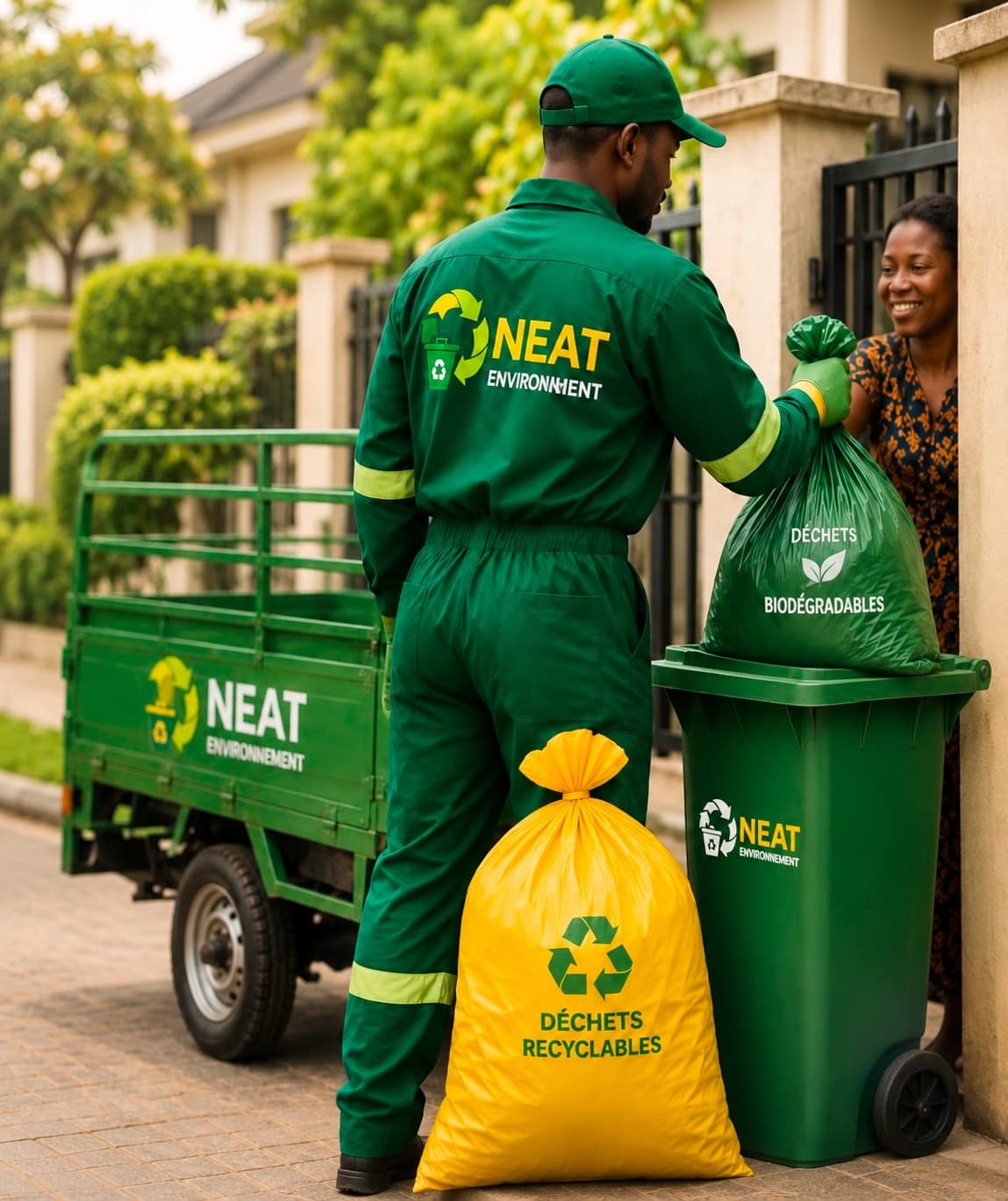Devant son portail, une cliente remet un sac vert de déchets biodégradables à un agent Neat Environnement en tenue de travail ; à côté, un bac roulant vert et un sac jaune de déchets recyclables, et à gauche le tricycle de collecte de l'entreprise.