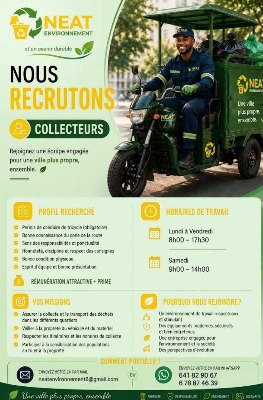 Affiche de recrutement pour le poste de collecteur chez Neat Environment